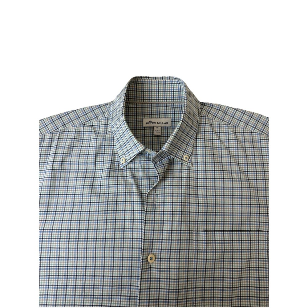 Peter Millar Men's M Blue/Green/White Plaid Woven Button-Down Shirt MF19W26NBL‎